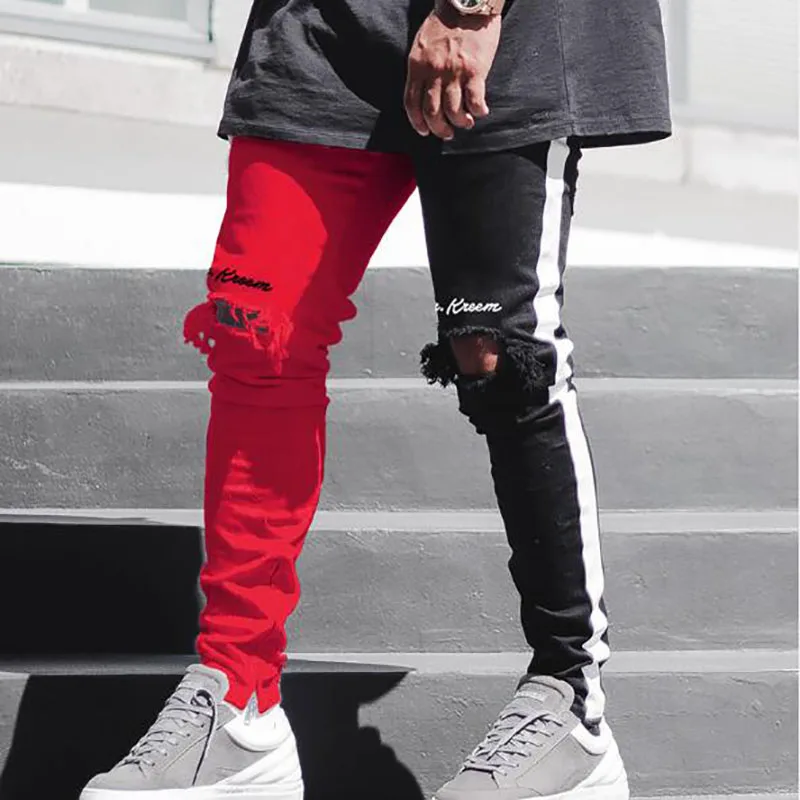 

Джинсы мужские рваные в стиле хип-хоп, брюки из денима с заплатками и стежками, на молнии, винтажные скинни, стиль Techwear, черные, красные, осень