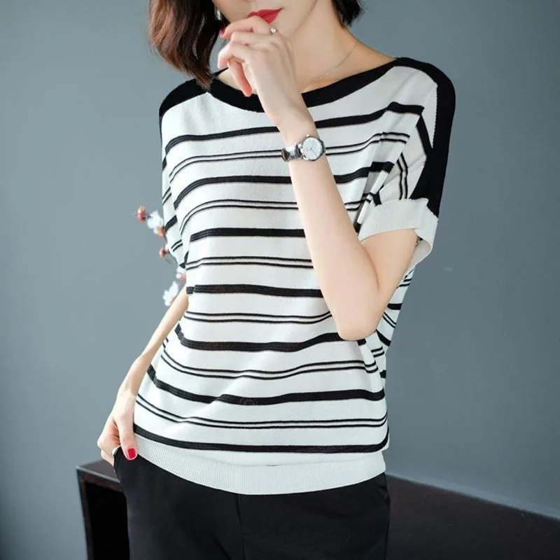 Fashion Printed O-Neck All-match Striped Blouse Women's Clothing 2023 Spring New Loose Casual Pullovers Batwing Sleeve Shirt