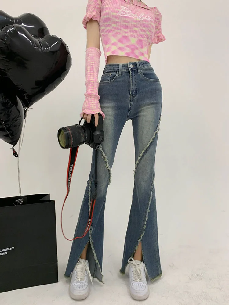 

Винтажные расклешенные джинсы с разрезом, уличная одежда, эластичные джинсовые длинные брюки с бахромой, Y2K, в стиле ретро 1920-х, эластичные брюки в стиле Харадзюку