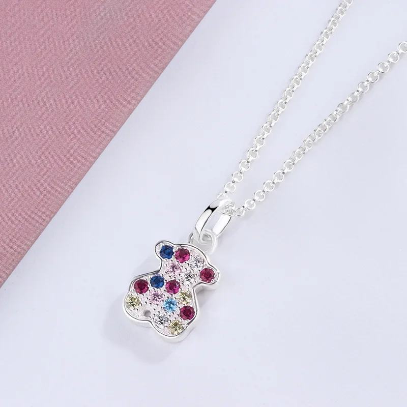 100% S925 Sterling Silver Colored Diamond Bear Pendant Necklace for women Classic Original Design Fashion Jewelry