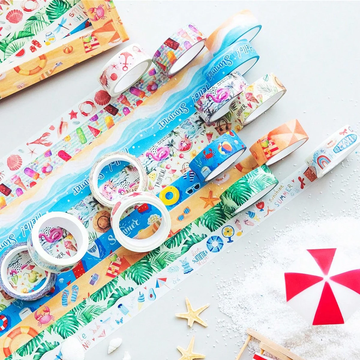 시원한 여름을 위한 창의적인 와시 테이프 10롤, 다양한 여름 요소가 포함된 DIY 테이프, 선물 상자 포장, 문구류