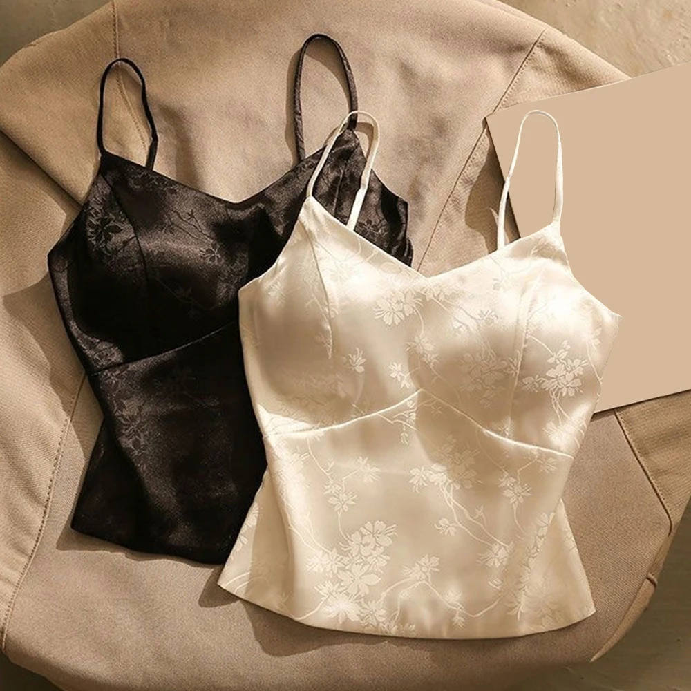 New Camisoles Women Fit Jacquard Satin Bottoming Sleeveless Chinese Style Tops With Breast Pads Summer Sexy Girls Clothing