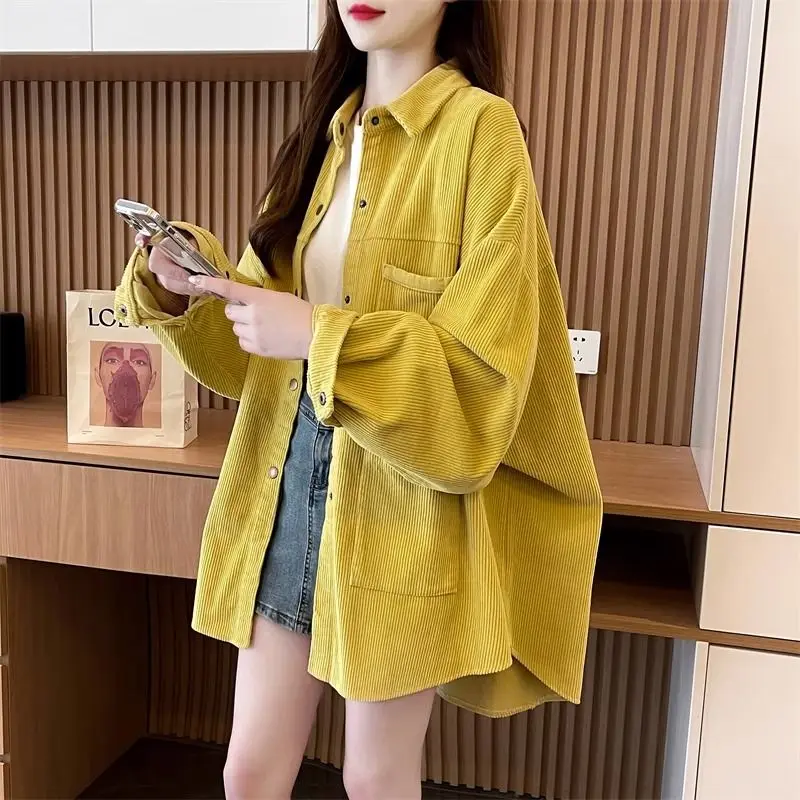 여성용 루즈 솔리드 폴로 칼라 패치워크 단추 포켓 용수철, 가을 랜턴 소매, 캐주얼 올 매치 셔츠, 가디건 코트