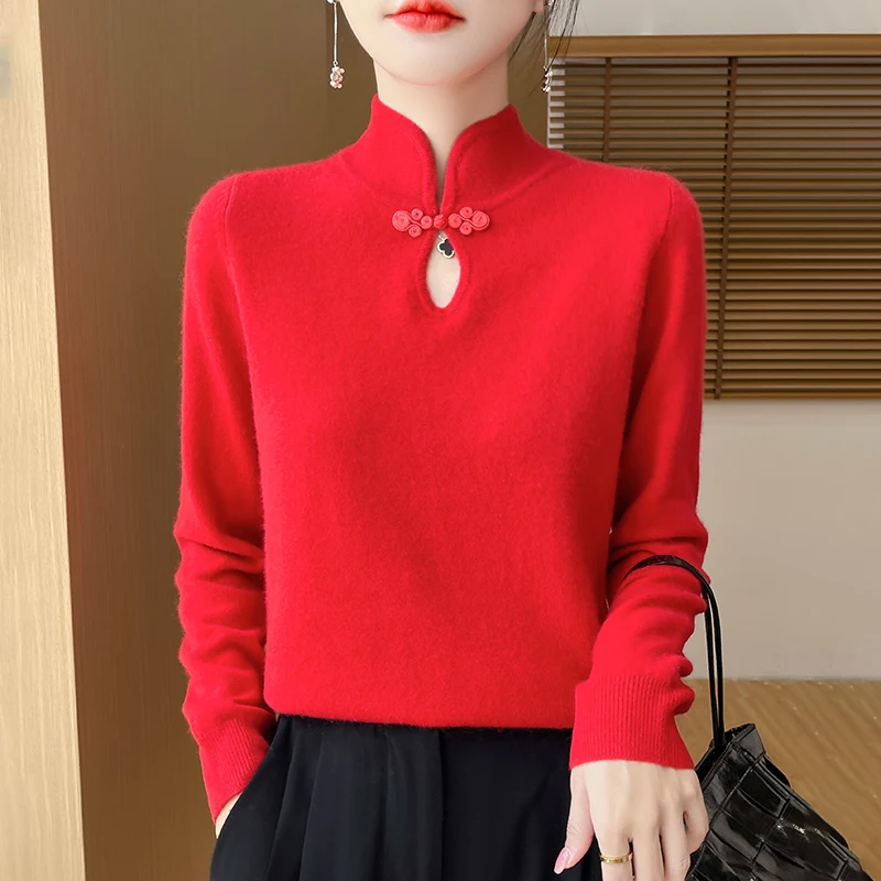 Chinese style stand collar wool sweater