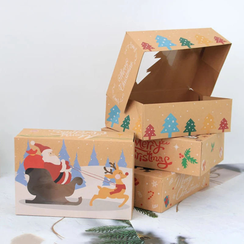 

8PCS Kraft Paper Cookie Boxes with Window Gift Giving Brown Bakery Dessert Cupcake Box For Packing Christmas Theme Pastry Supply