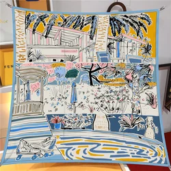 Silk Scarf Women Beach View Square Scarves Head Echarpes Silk Foulards Femme Wraps Beach Shawls Bandana Lady Hijabs 90CM