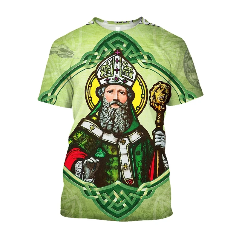 

3D Printed Catholic Ireland Saint Graphic T Shirts Casual T Shirt For Men Clothing Streetwear Oversized Women O-Neck Y2k Tees