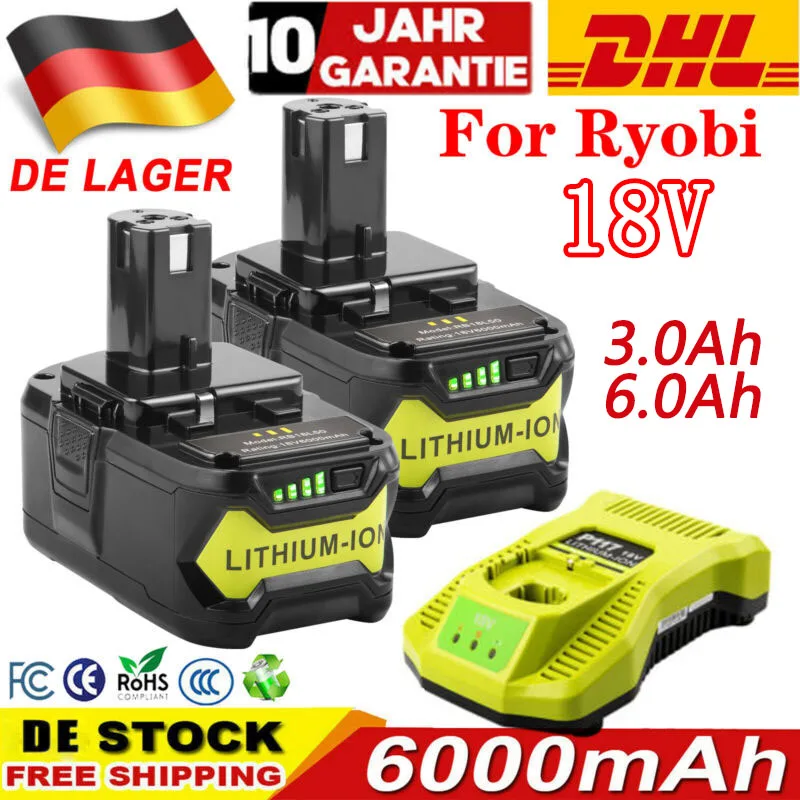 Powayup 2 X 18V 5Ah Remplacement pour Ryobi Batterie 18V P108 + 3A pour