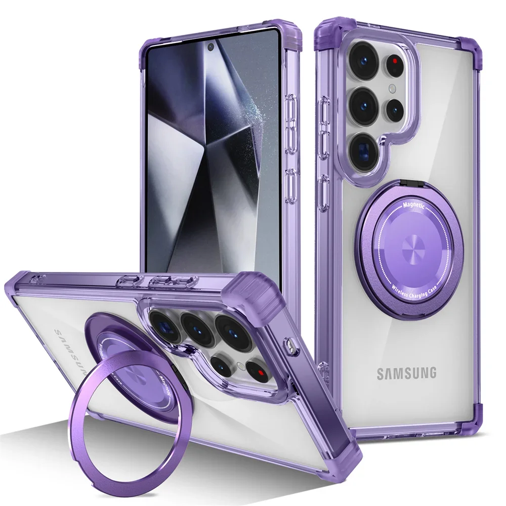 Rotating Magnetic Folding Stand Transparent Phone Case - Armor Shockproof Cover