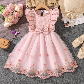 Kids Princess Dress For Girls O-Neck Wing-Sleeve Bowknot Floral Print Embroidery 4-7 Years Summer Sweet Birthday Party Clothing 1
