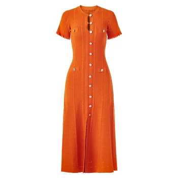 French Style Knitted Long Dress round Neck Hollow out Wooden Edge Skirt Elegant Autumn Luxury Women's Fashion One Piece Dress 1