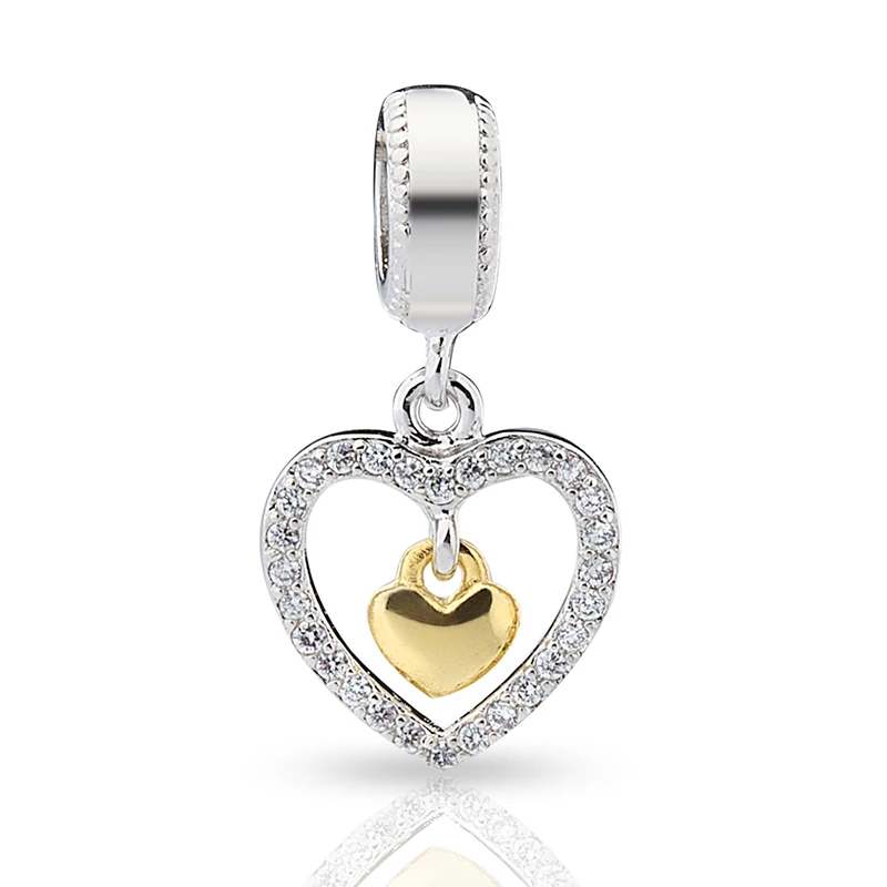 

925 Sterling Silver Diy Beads Charms Heart To Heart Gold Love Crystal Pendant For Diy Pandora Charms Bracelets & Bangles