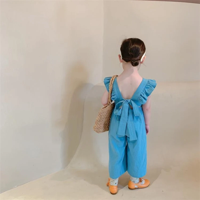 

Baby kid Girl Princess Cotton Ruffle Jumpsuit Summer Child Overall Backless Outfit Strap Pant Baby Clothes Solid Color 2-9 Yrs