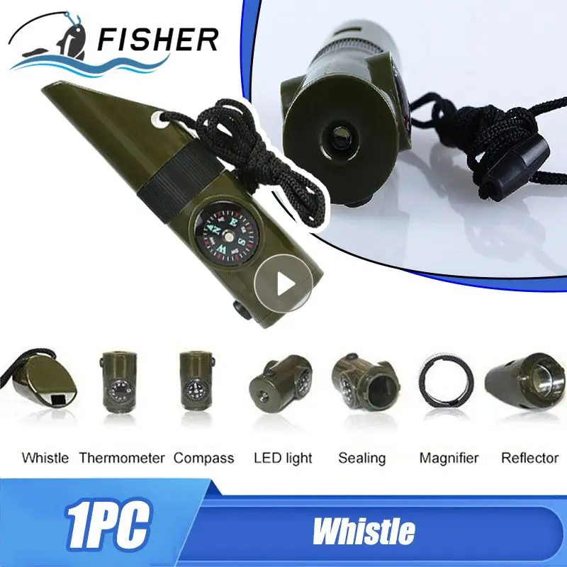 Outdoor Multi-function Survival Whistle 7 In 1 ABS High-strength Compass Thermometer Signal Mirror Magnifying Glass Flashlight