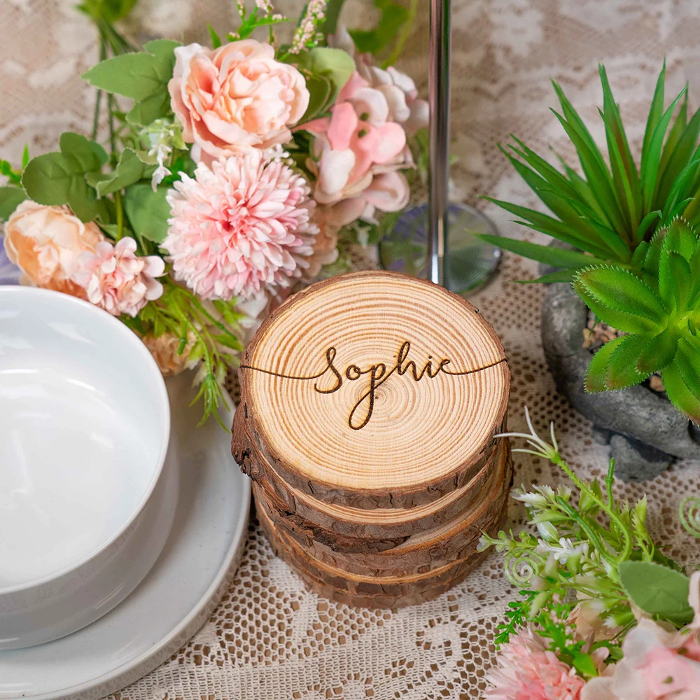 5/10/20pcs Personalized Wooden Coasters Rustic Table Decor Wedding Table Seating Place Names Engraved Coaster Party Favors