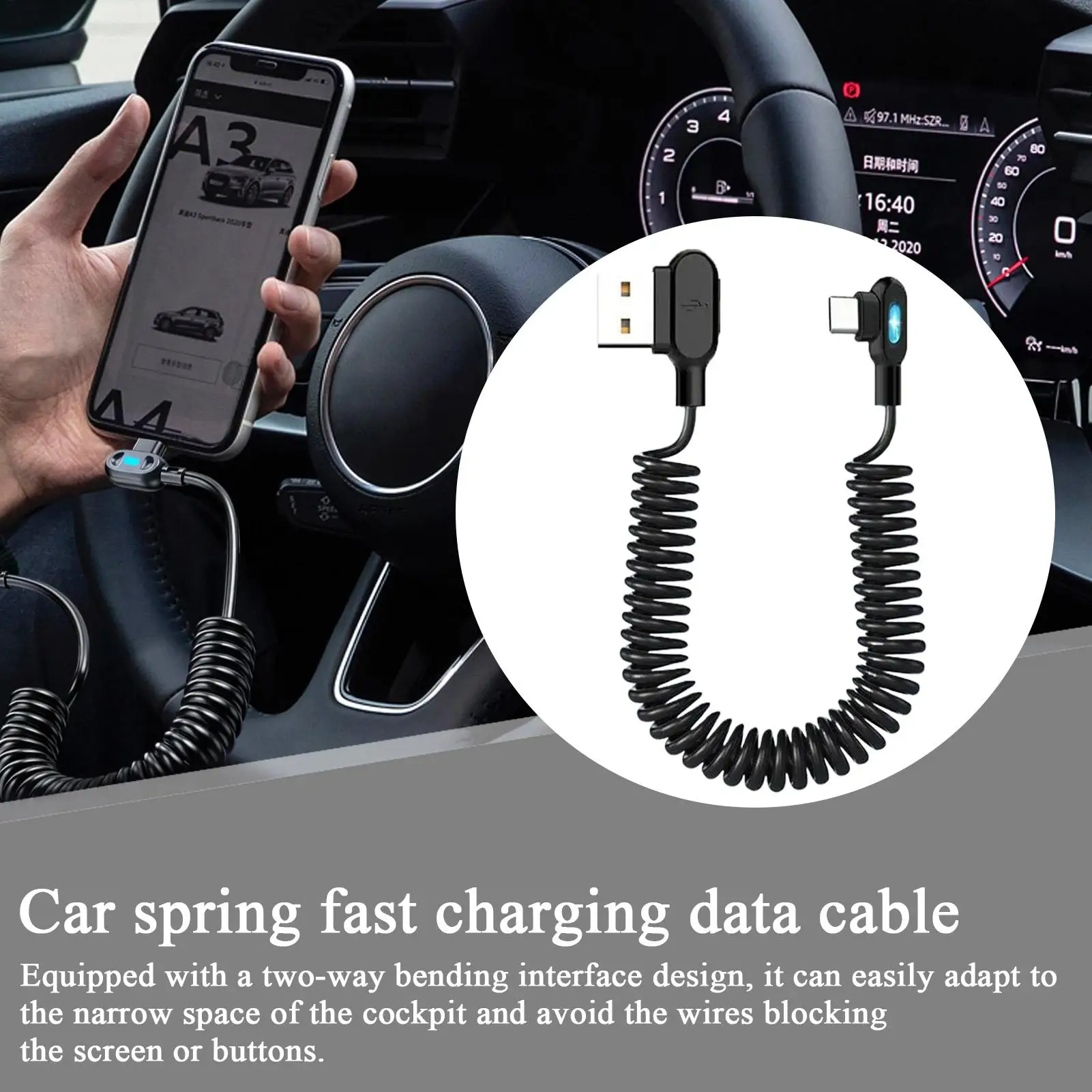 Type C Charge Cable Highly Elastic Luminous Coiled Retractable Type C Cord For Trailer RV Truck Automotive Sedan Pickup Men