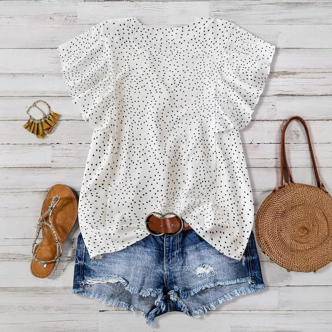 Summer casual flying sleeve button top women's casual vacation solid color polka dot T-shirt