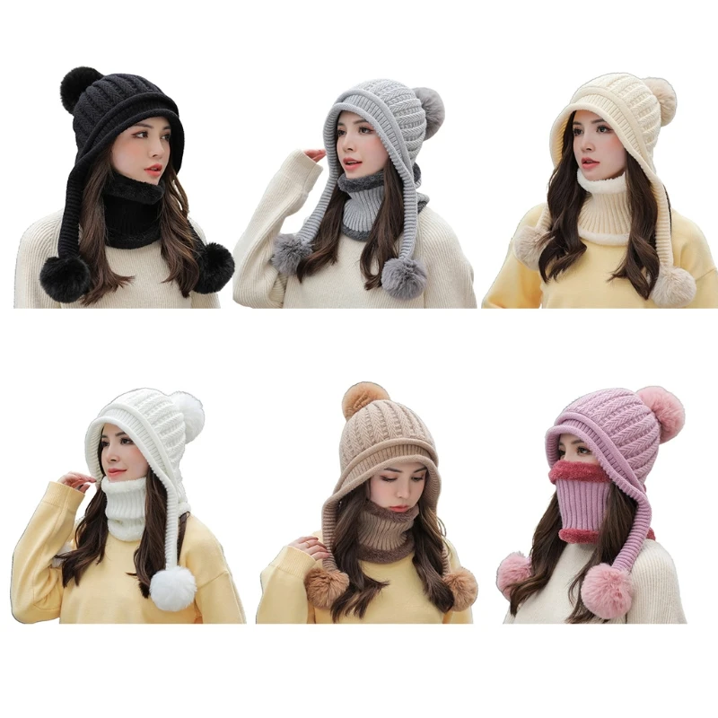 

Thick Wool Hats for Women Warm Knitted Lined Scarf Set Headdress Circle Neck Warmer Beanie Winter Outdoor Bike Ride