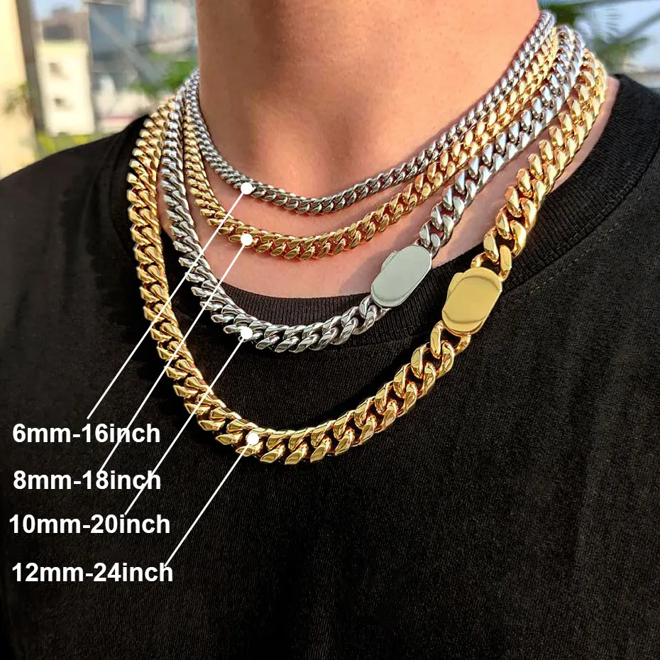 

6-12mm Width New Style Stainless Steel Cuban Chain Gold/Silver Color Fashion Hip Hop Men and Women Necklace Jewelry