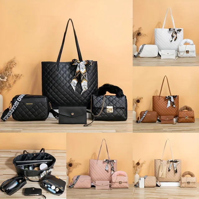 4 pieces of women's fashionable diamond grid quilted silk scarves, hand-held single shoulder diagonal cross set bag