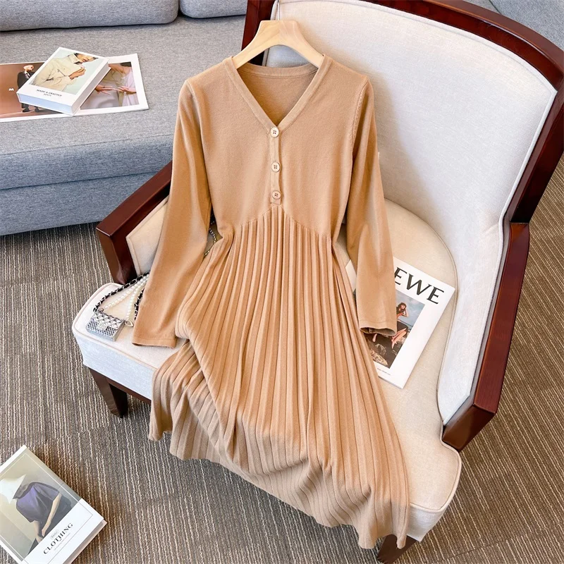 

V Neck Long Sleeve Calf Length Knitted Dress For Women 2023 Casual Female Elegant Large Size Autumn Winter Warm A Line Clothes