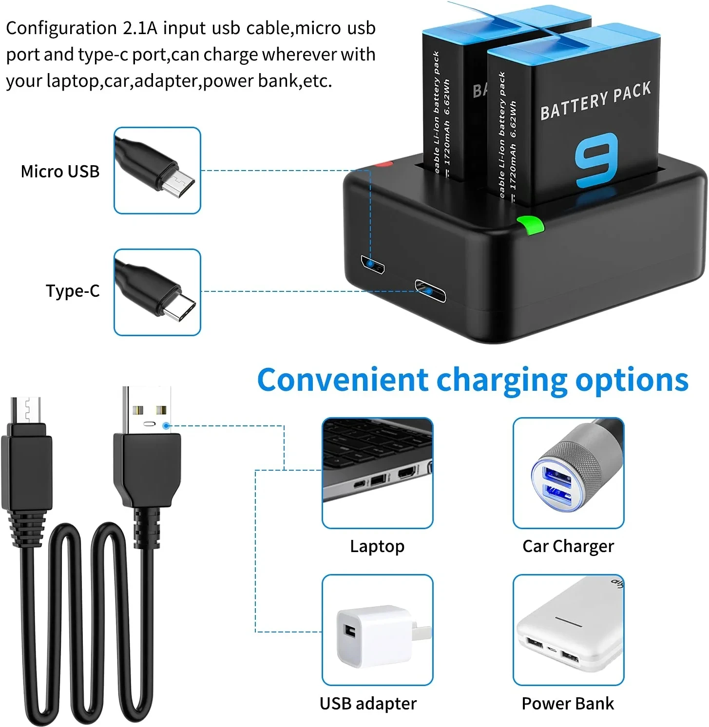 Chargeur Double Port pour GoPro Hero 11 10 9 8 7 6 5 - HONGDAK