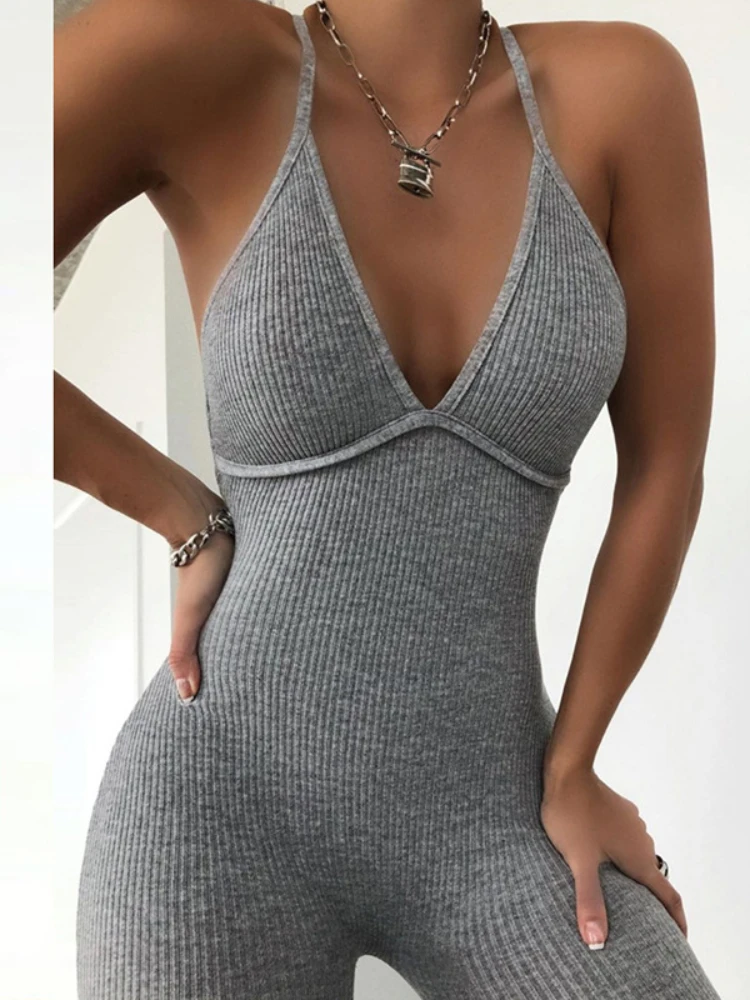 

2023 Summer New Women's Solid Color Sexy Backless Tight Lifting Hip Fitness Sports Jumpsuit