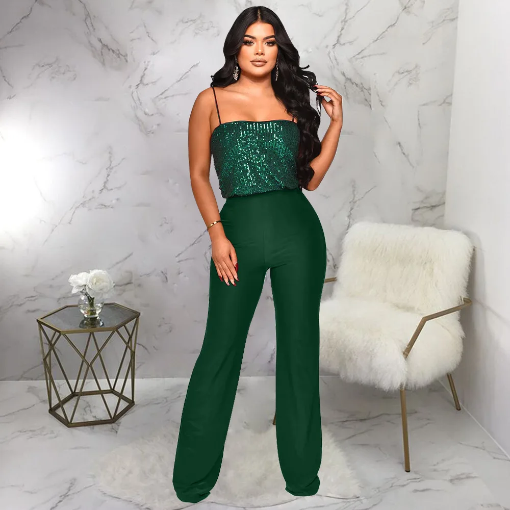 

Sequins Suspenders Jumpsuit Women Casual Solid Sleeveless One Pieces Straight Pants Summer Elegant Overalls Female Jumpsuits