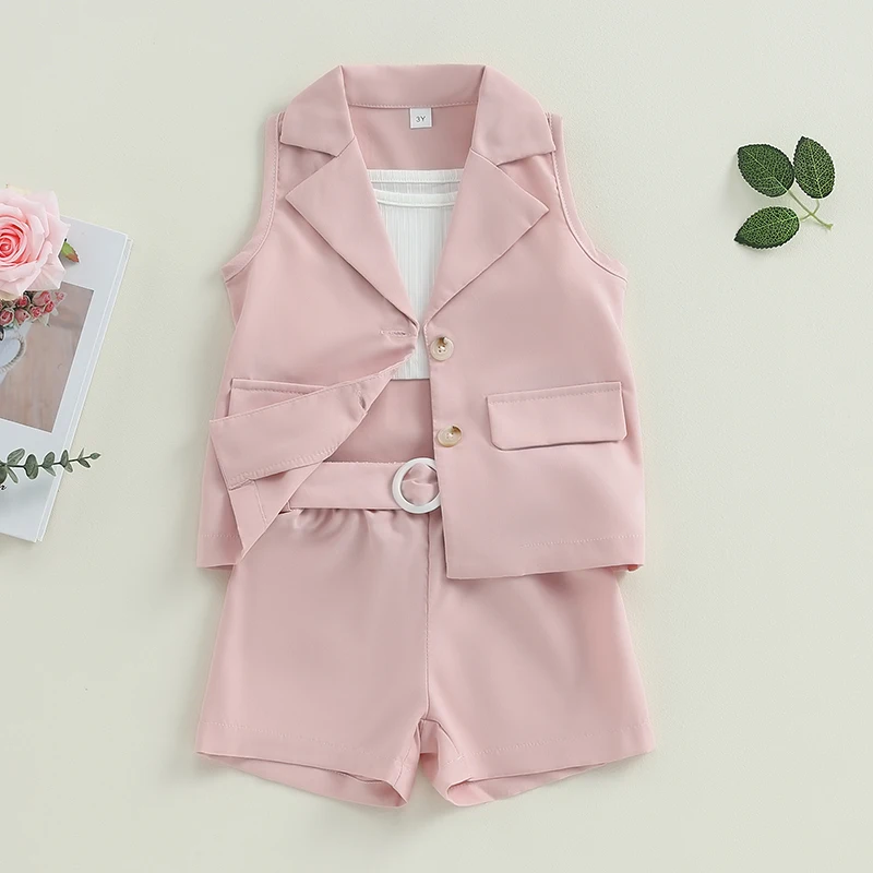 

Toddler Girl 2Pcs Summer Outfits Sleeveless Button Down Blazer Cami Tops Belted Shorts Set Kids Suits