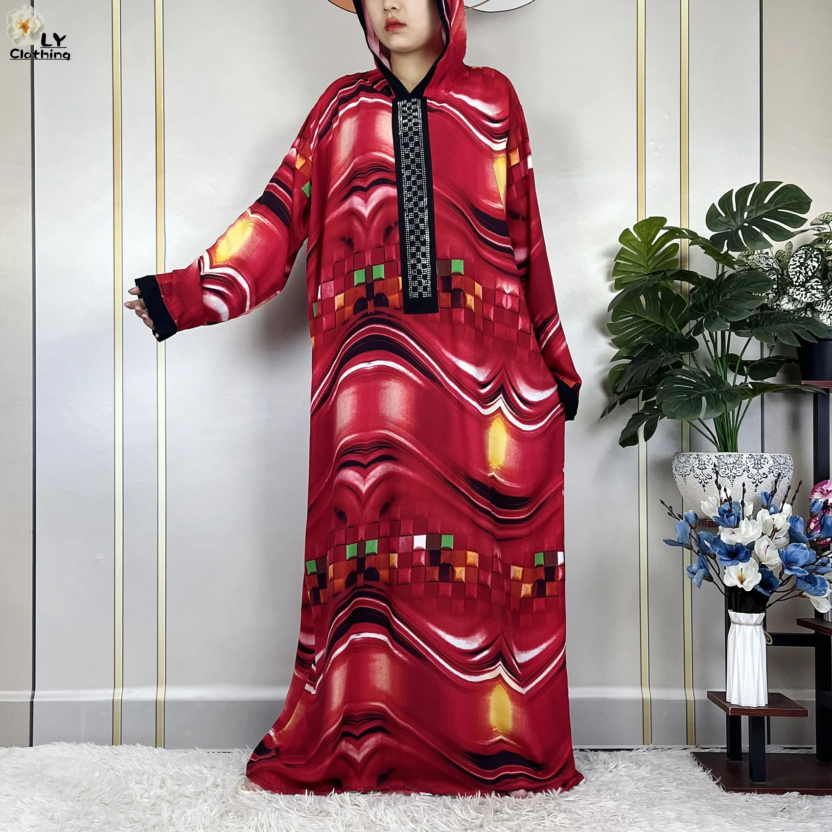 Latest African Abaya Long Sleeve Dubai Women Dress Hat one-piece Fashion Printing Robe Cotton Summer Maxi Casual Loose Clothing