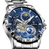 GLENAW Rotating Earth Double Second Hand WristWatch Men Automatic Mechanical Watch Starry Sky Stainless Steel Leather Watchband