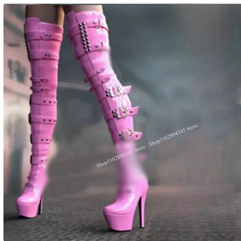 

Pink Over Knee High Rivet Buckle Boots Thin High Heel Fashion Cool Sexy 2023 Winter Casual Big Size Woman Shoes Zapatillas Mujer