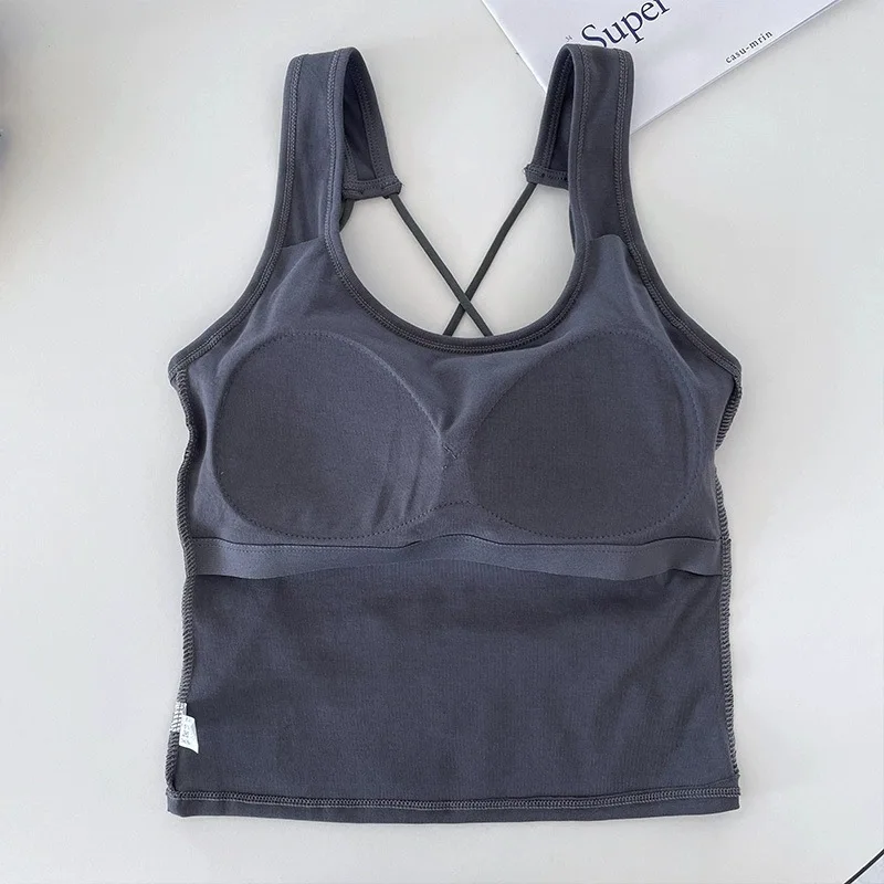 Solid Tank Top for Women Cross-sling Short Vest Sports Tank with Built in Bra One-piece Sleeveless Slim Fashion Crop Top Female