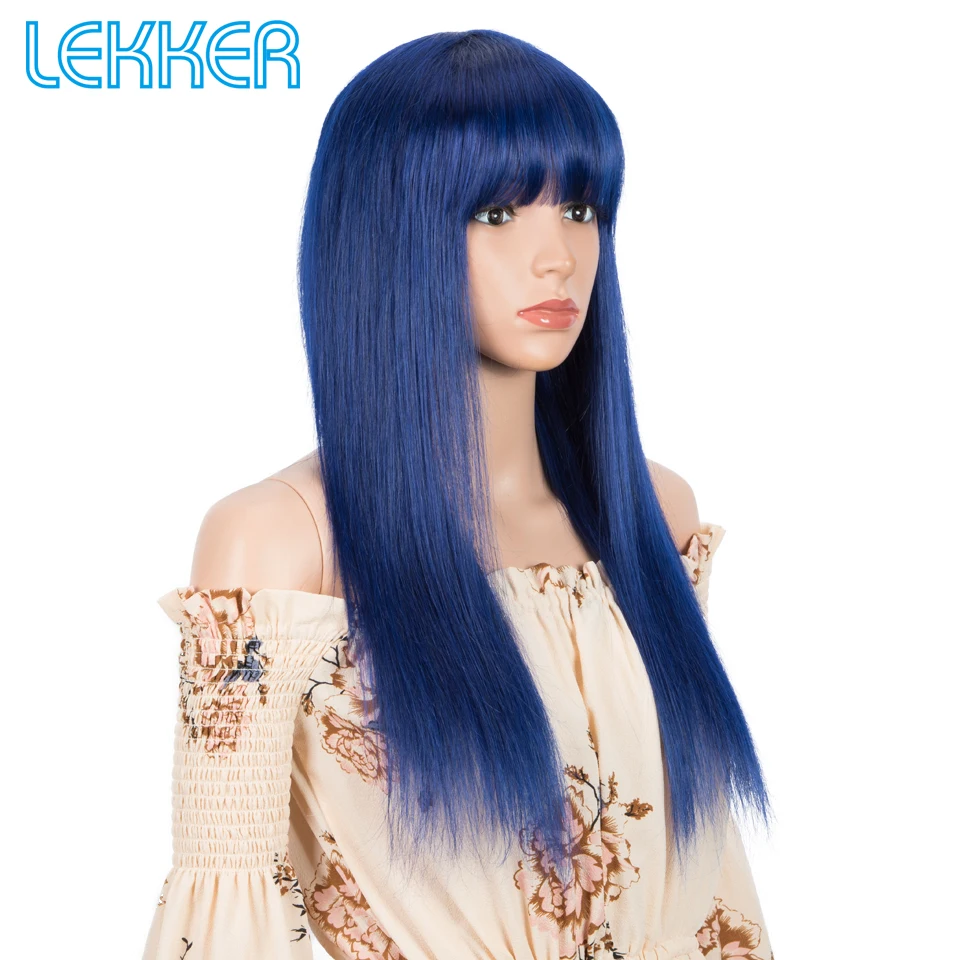 Long Royal Blue Straight 100% Human Hair Wigs With Bangs Brazilian Remy Hair Halloween Cosplay Wigs