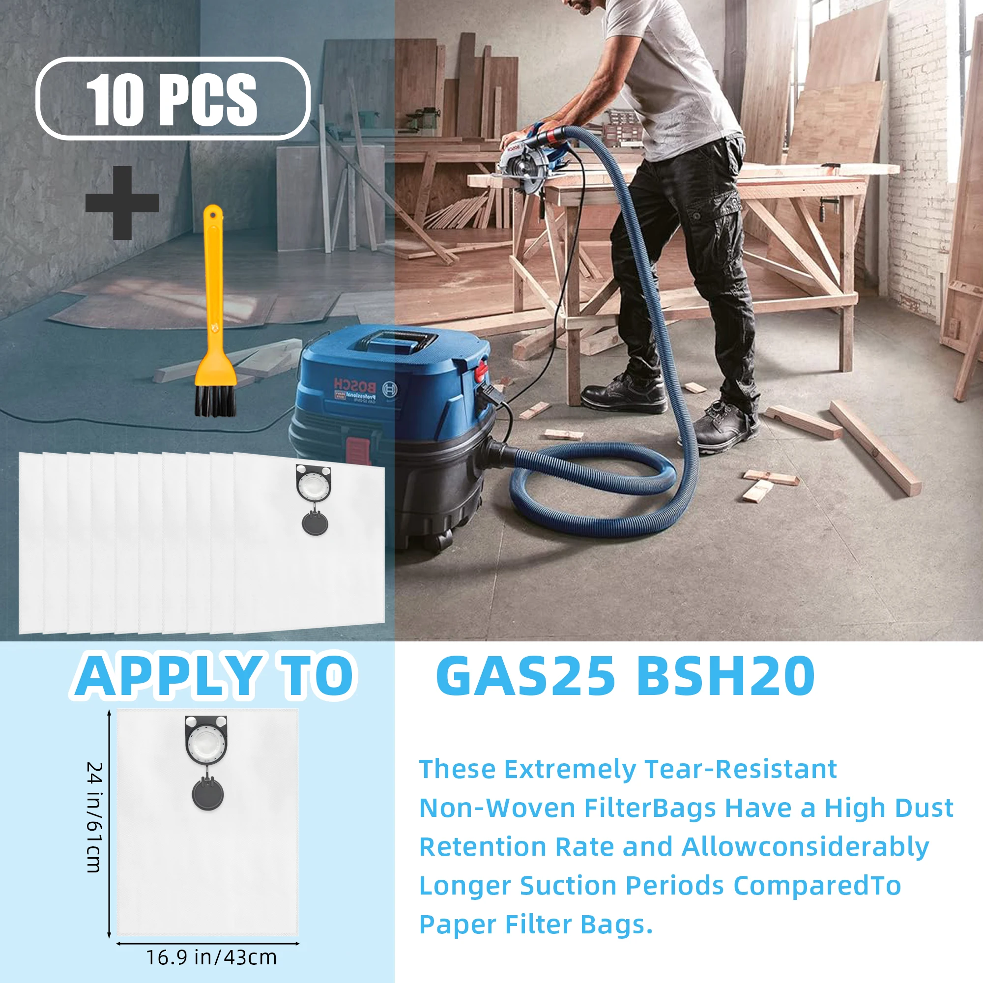 6/10 Pcs Bag +1 Brush Vacuum Cleaner Bags Compatible with Bosch GAS 25 - 3