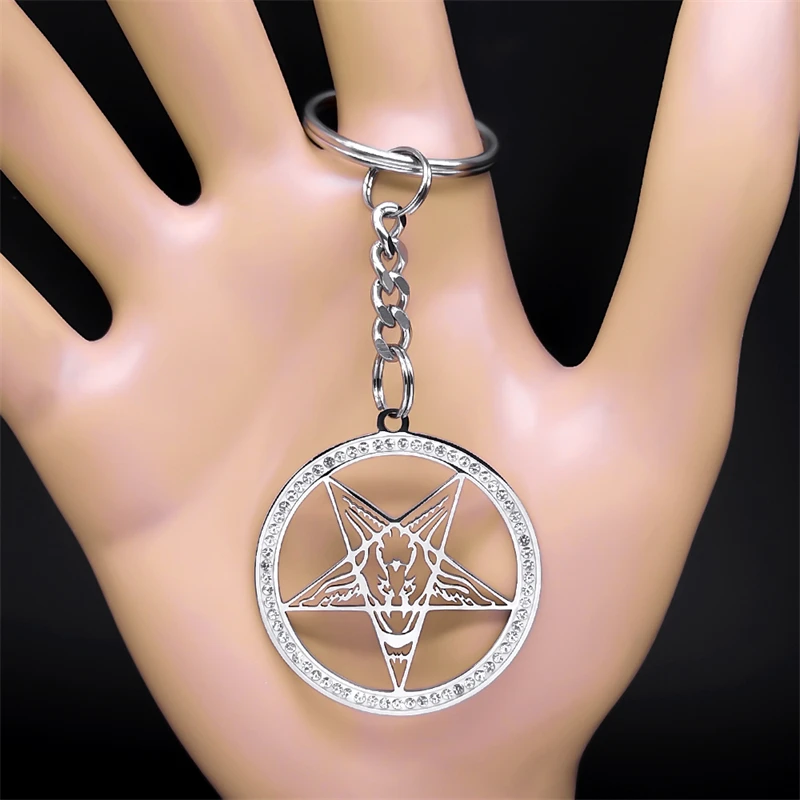 Pagan Inverted Pentagram Ziege Schlüsselanhänger Edelstahl Strass Gothic Baphomet Schlüsselanhänger Autozubehör Schmuck Geschenk K150S03 – Detail 3
