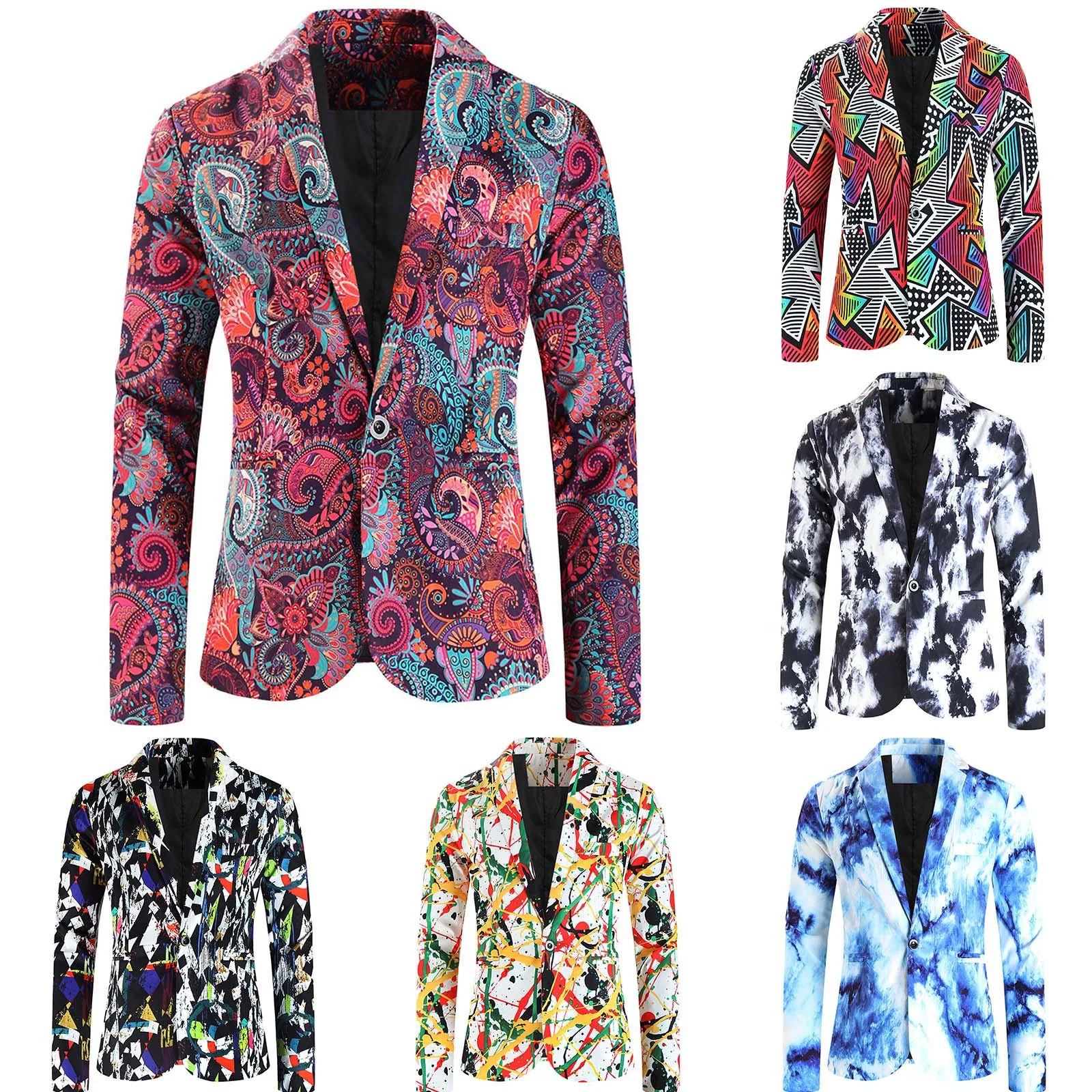 Sa2fa80cb31944d3f8210237eeb06e6deQ Men's Printed Blazer Coat Slim Fit Long Sleeve Casual Business Jacket