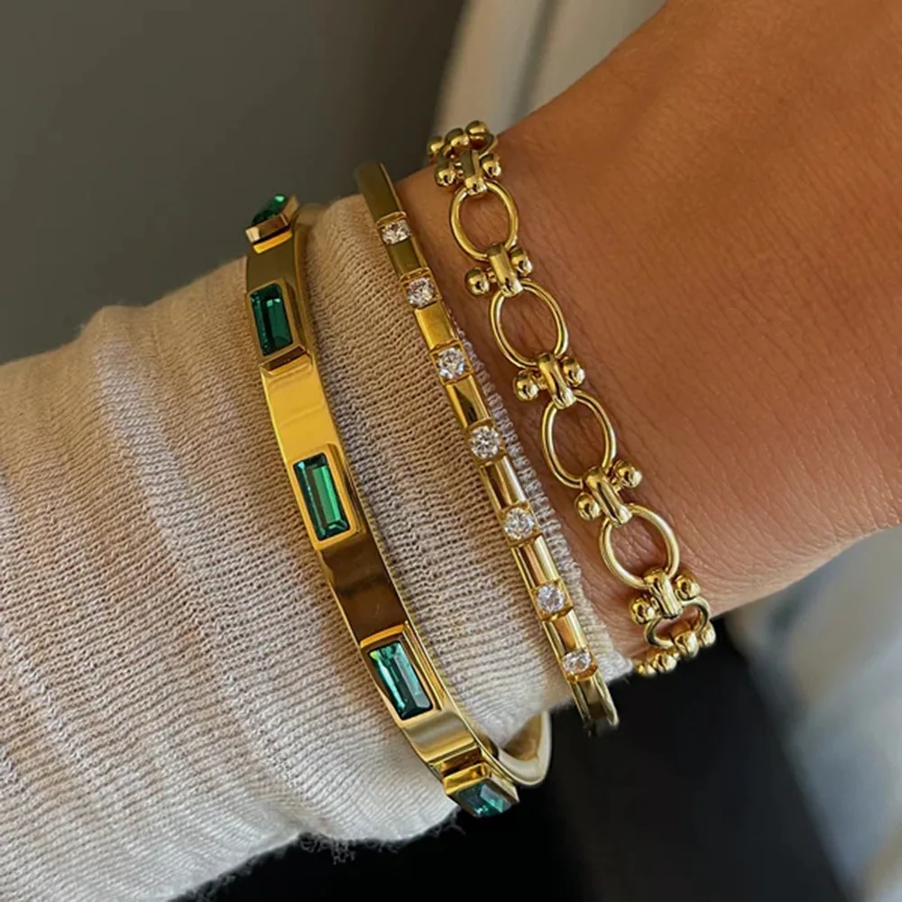 CARLIDANA Delicate Wholesale Custom Non Tarnish 18K Gold Plated Stainless Steel Bracelet Chunky Geometric Inlaid Crystal Bangle 3
