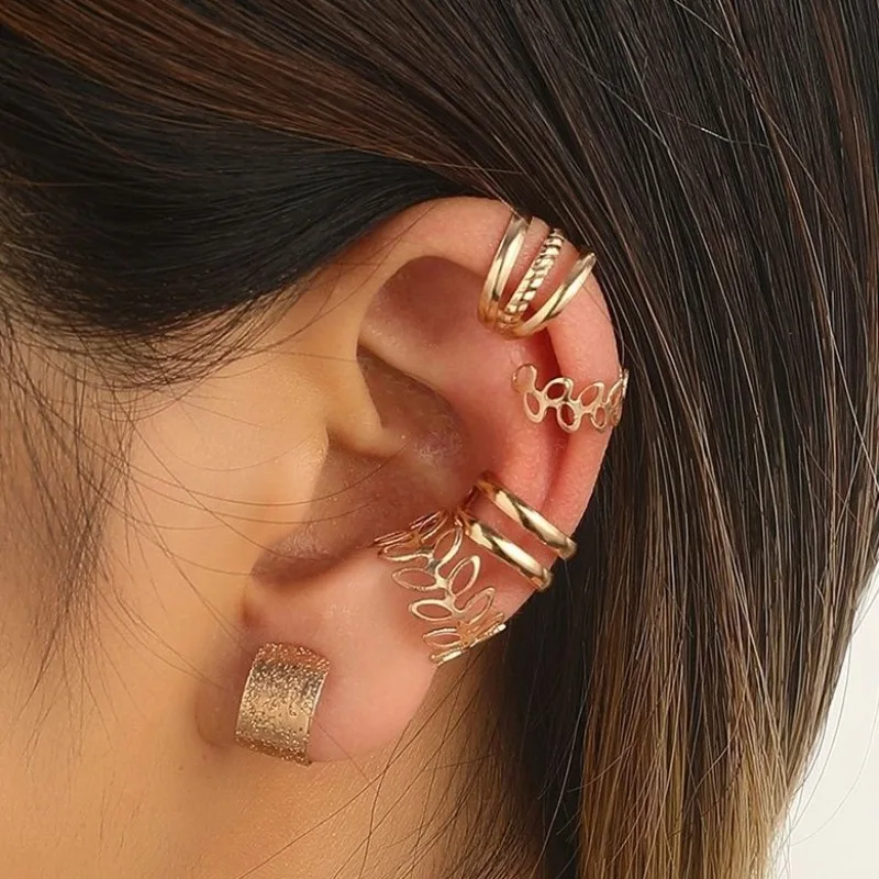 Silver Color Leaves Clip Earrings 5pcs for Women Men Creative Simple C Ear Cuff Non-Piercing Ear Clip Set Trend Jewelry Gift clip earrings