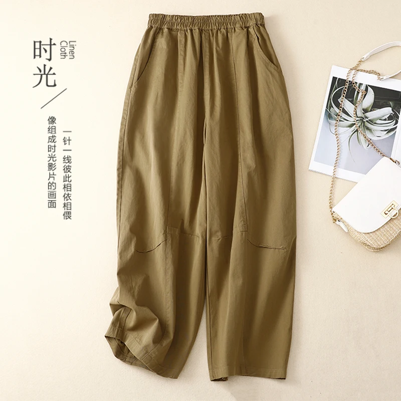 

Women Summer 2023 Pocket Fashion Solid Wide Leg Thin Cotton Linen Casual Loose Bloomers Pants High Waist Commuter X7852