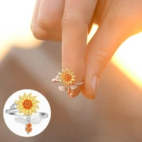 Opening Adjustable Spinning Sunflower Bee Release Stress Ring Rotatable Zircon Copper Finger Ring For Women Fashion Jewelry 1