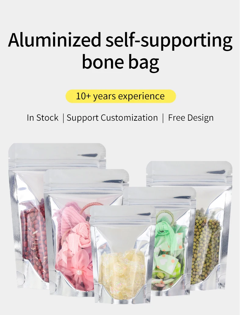 100 Stücke Transparent Silber Aluminium Reißverschluss Selbststehende Beutel Lebensmittel Trockenes Fleisch Zuckerbohnen Schokolade Snacks Verpackung Plastiktüten – Detail 1