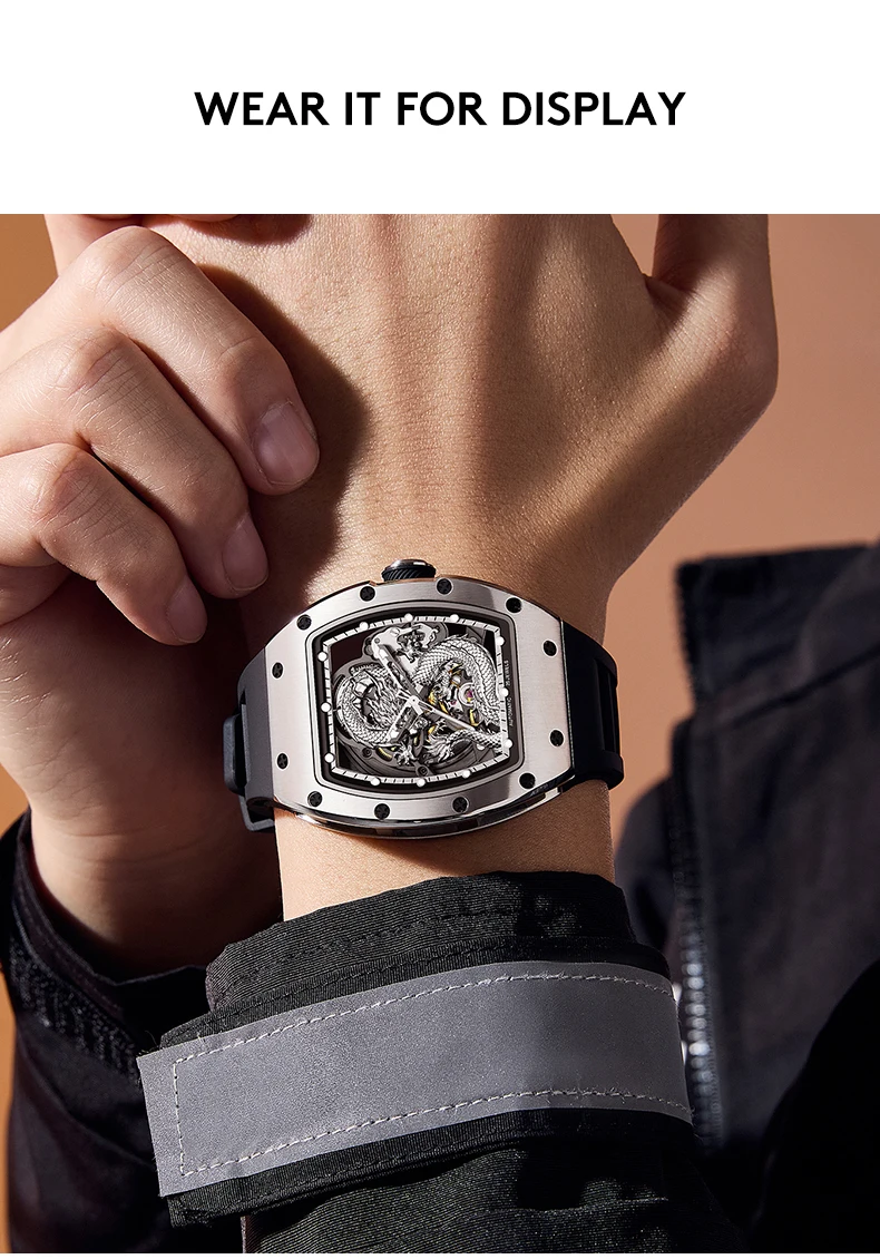 Dragon Mechanische Herrenuhr Tonneau-Gehäuse Automatik Skelett Edelstahl Armbanduhr Leuchtend Wasserdicht Silikonarmband – Detail 5