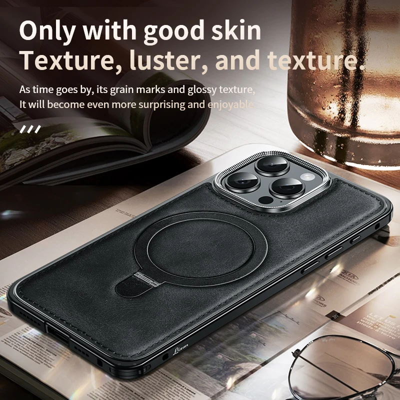 Leather Phone Case Metal Frame Shell Magnetic Stand Phone Cover For Iphone 14 15 16 Pro Max iphone case phone case magnetic case magsafe case phone protector cover leather phone case