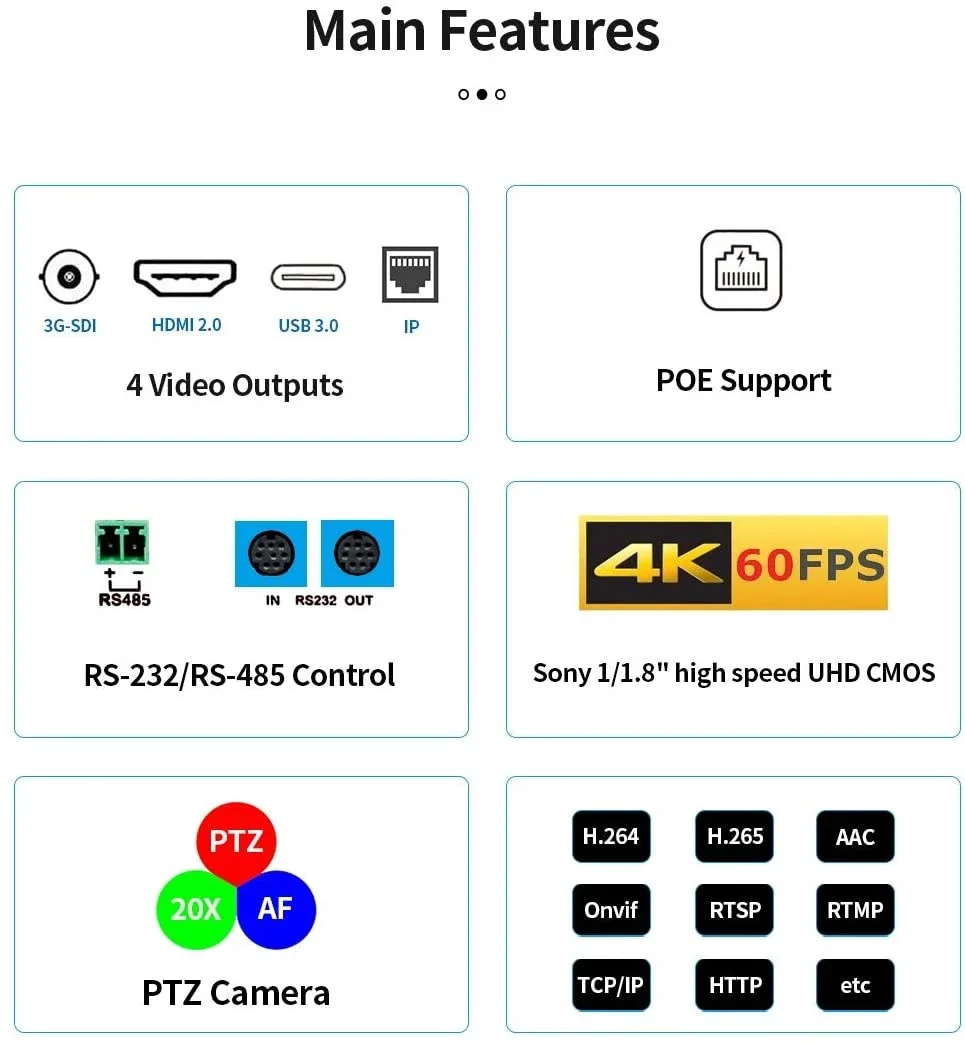 SMTAV-NDI PTZ 4K 20X 광학 줌 PTZ 카메라, 3G-SDI HDMI USB IP 스트리밍 PTZ 카메라 컨트롤러 지원 ONVIF 프로토콜