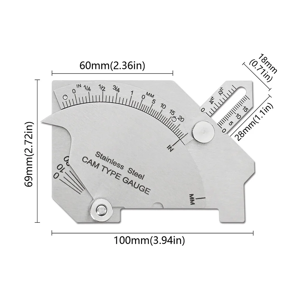 MG-8 캠 타입 용접선자, 용접 조인트의 중요 치수(목구경, 다리 길이, 루트 페이스 포함) 측정용