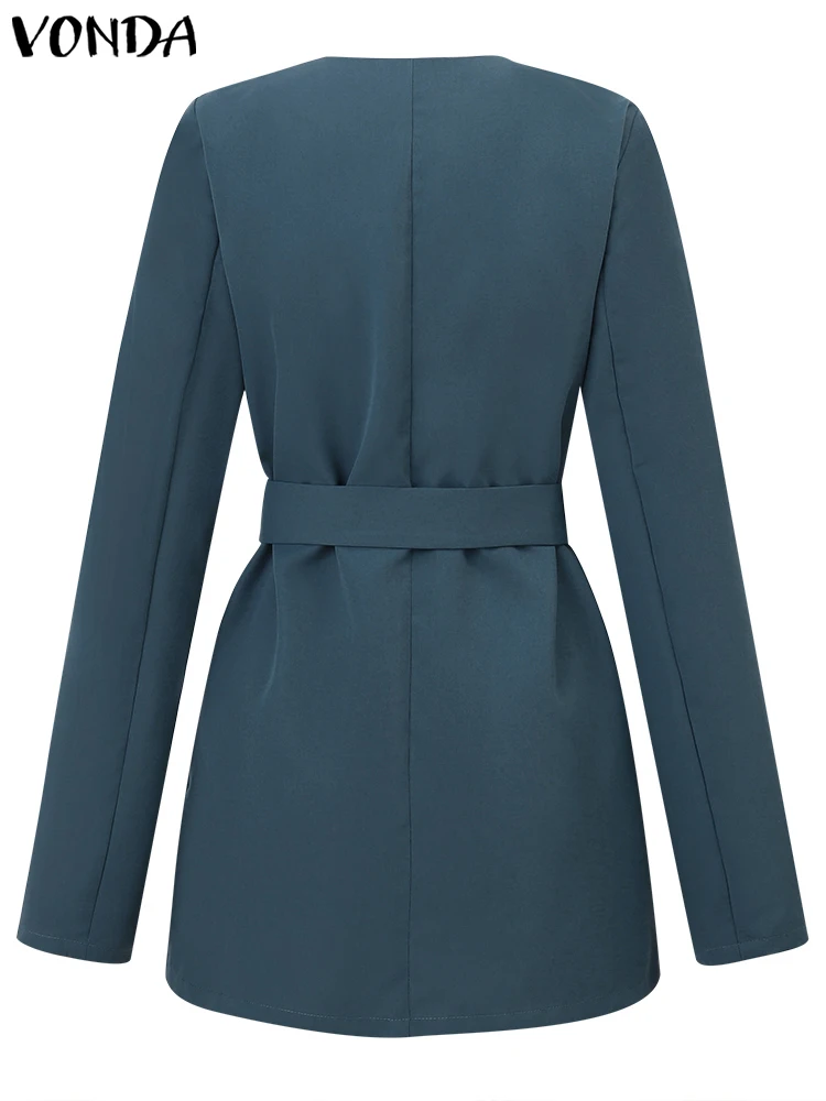 VONDA Elegant Long Sleeve Blazer Women Autumn V-neck Casual OL Blazer 2023 Fashion Belted Solid Color Streetwear Coats Femininas