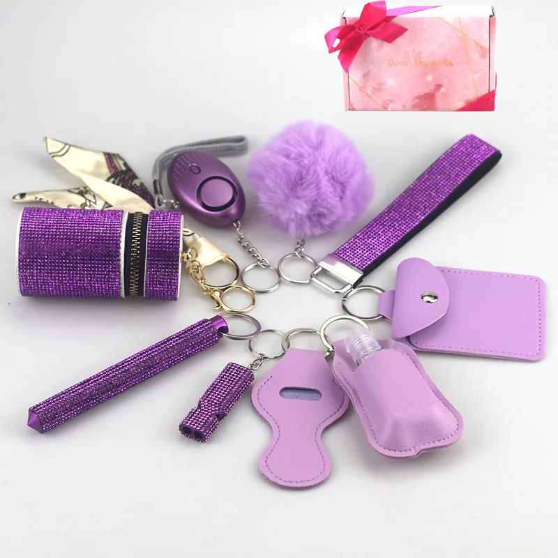 

10pcs/set Daily Safety Keychain Kit with Self-defense Alarm,fur Ball Pendant and Stroage Bags Keychain for Women