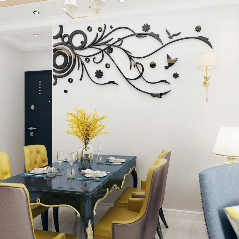 Mirror Flower Rattan Acrylic 3D Wall Stickers for Living Room Bedroom DIY Home Decor