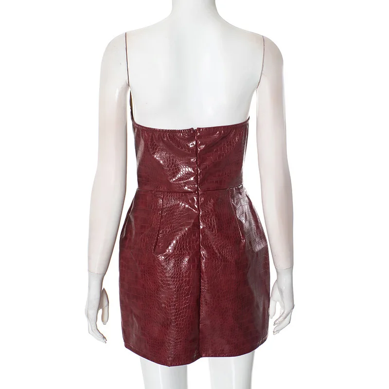 Vestido mini sexy de cuero burdeos sin tirantes para mujer, espalda descubierta, cintura alta, paquete de cadera, vestidos femeninos de verano 2025, ropa de club Y2K ajustada